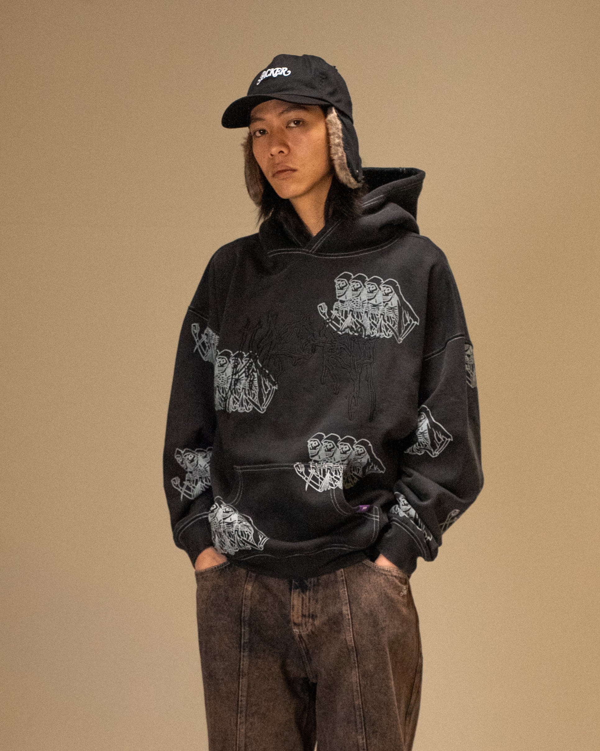SKELETON HOODIE GARMENT DYED - BLACK - Image 2