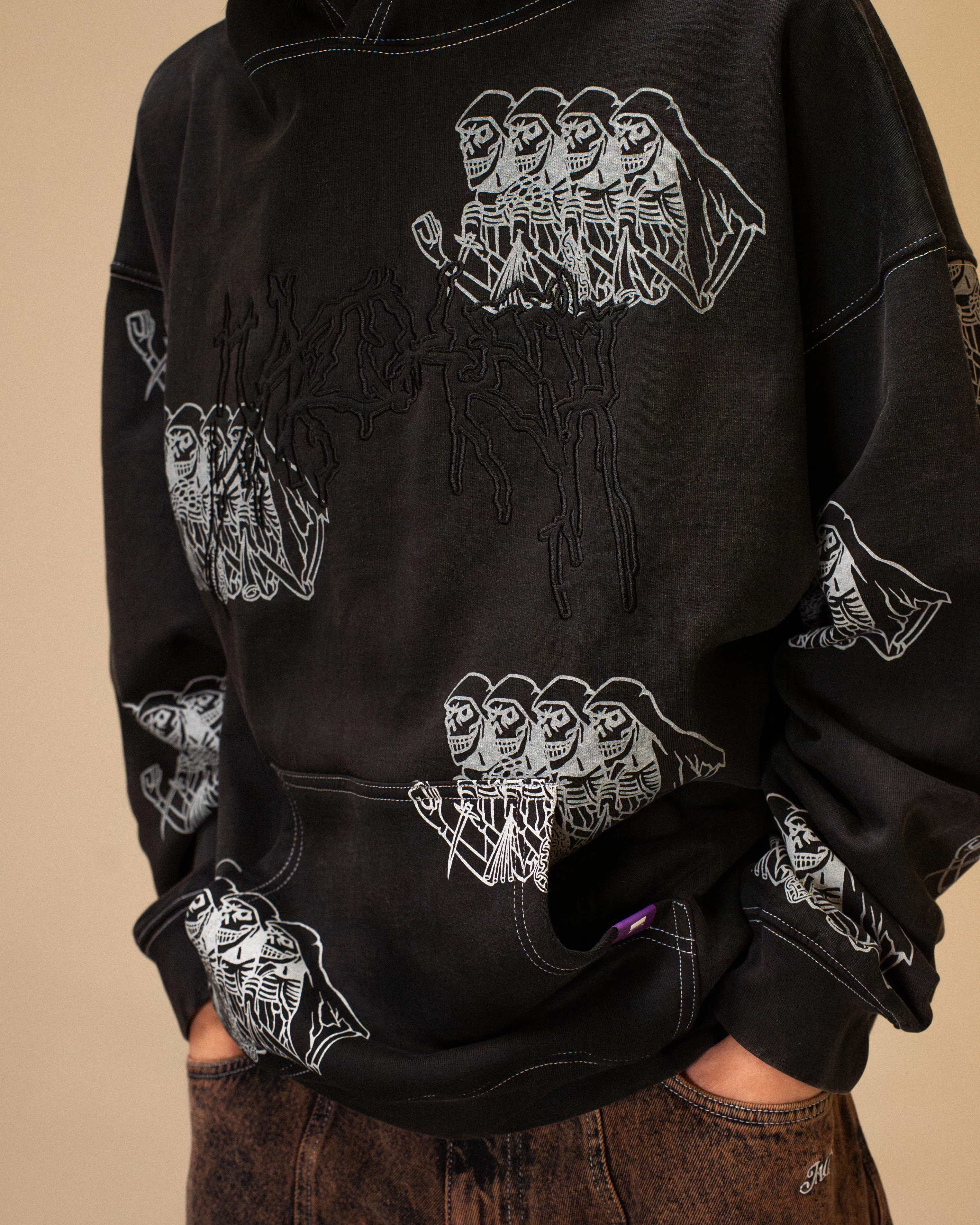SKELETON HOODIE GARMENT DYED - BLACK - Image 6